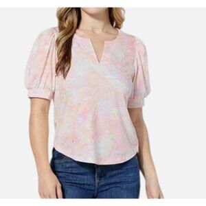 Democracy Women's Puff-Sleeve Printed Knit Top Strawberry Cream Multi - Size L